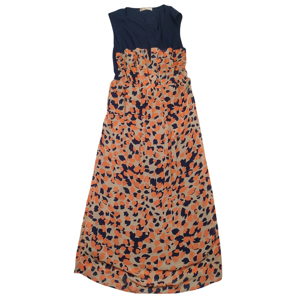 Willa Maxi Dress Womens Medium Navy Orange Abstract Print Sleeveless Chiffon